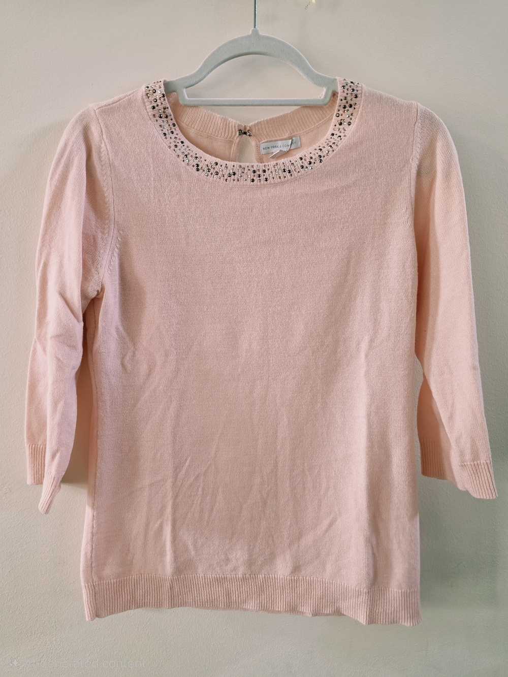 New York & Company Blush Pink Jewel-Trim Crewneck Sweater Suze S